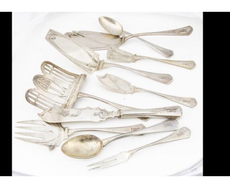 A collection of Jugendstil German silver serving implements and part dessert set by H. Meyen &amp; Co, comprising three table