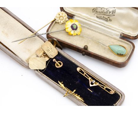 A collection of gentleman's jewellery, including gold fronted silver backed cufflinks, a quantity of stick pins including a t