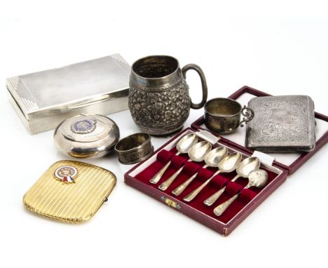 A group of silver and other items, including an Art Deco cigarette box, a possibly Indian silver aide memoire, a dented mug m