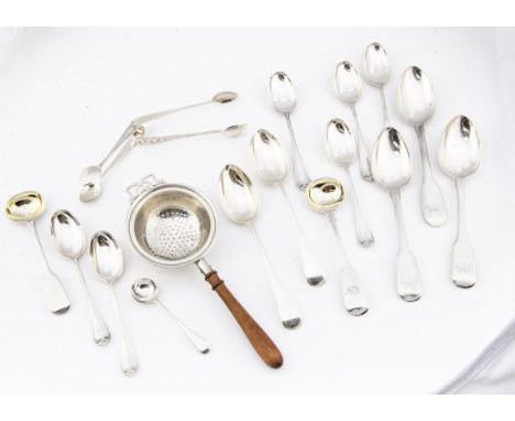 A group of silver spoons and more, including a silver tea strainer with wooden handle by Adie Bros, three William IV fiddle p