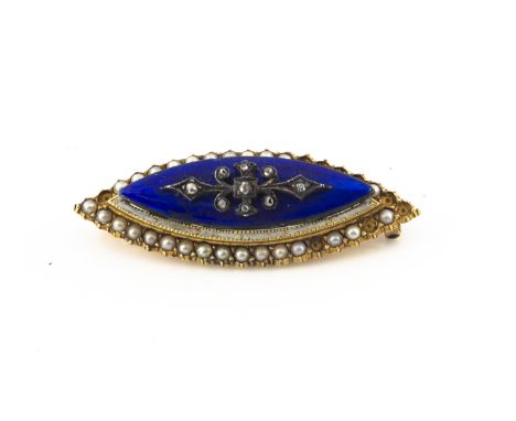 A 19th Century gold, diamond, seed pearl and enamel, navette shaped brooch, the guilloche enamel with silver diamond set cent