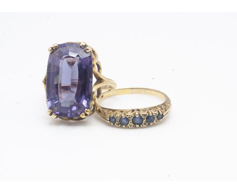 A five stone sapphire and diamond 9ct gold ring, with scroll gallery, ring size Q, 2.1g together with a synthetic colour chan