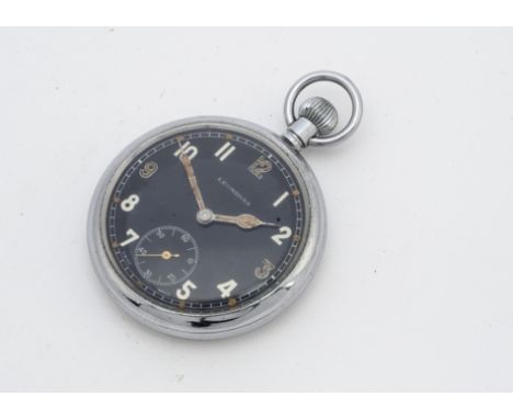 A WWII period Leonidas military issue chromed pocket watch, black dial, not running, broad arrow and GSTP T 1766 to reverse, 