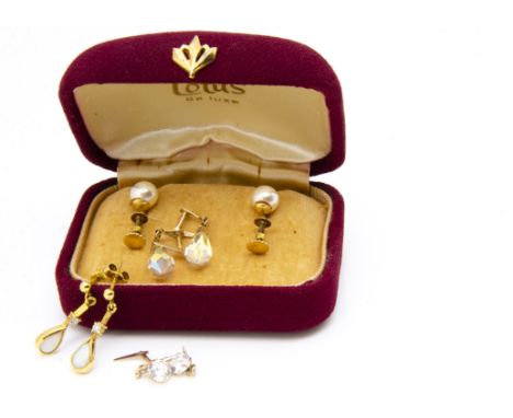 A pair of yellow metal diamond and opal drop earrings, tear shaped opals with diamond chip, 2cm drop together with three othe