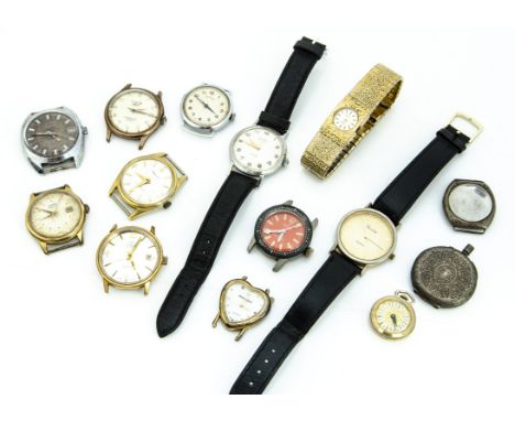 Twelve vintage and modern watches, also silver watch case and a silver pocket watch case, including a Mondaine automatic, a N