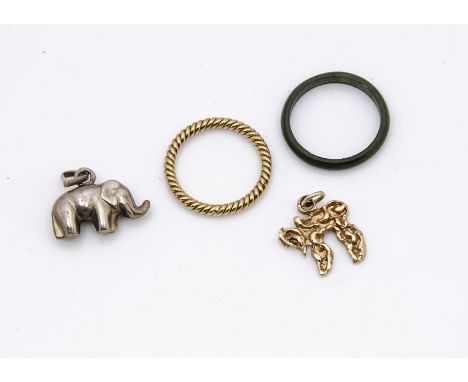 A gold Hebrew Shalom pendant, 14k, 1.9g, together with a gold rope twist band, ring size K, 2.7g, an elephant silver charm an