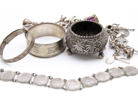 A small quantity of miscellaneous silver and white metal, including a Victorian bright cut napkin ring, Birmingham 1872, a ch