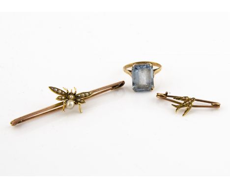 A 9ct gold and seed pearl bug bar brooch, together with a seed pearl gold swallow mounted safety pin and a paste set gold rin