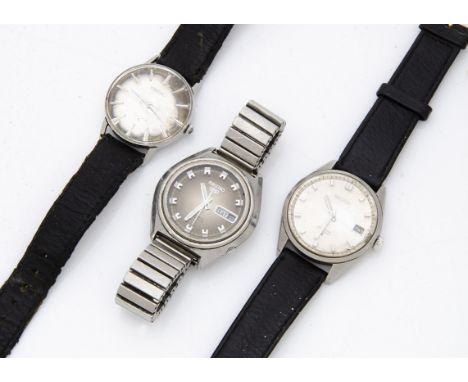 A c1970s Seiko 5 automatic stainless steel gentleman's wristwatch, on later strap, together with two manual wind Seiko stainl