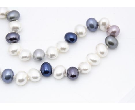 A diamond and cultured pearl necklace, the diamond sphere clasp supporting a knotted strung string of oval coloured pearls, i