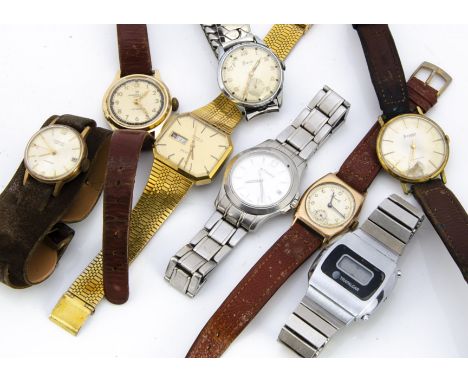 A collection of eight wristwatches, including a modern Bucherer quartz stainless steel, a 9ct gold cased Accurist, two other 