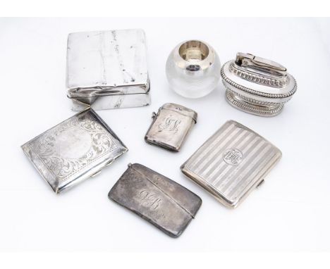 A George V silver vesta and cigarette case, together with a curved silver card case, a silver covered cigarette box, a glass 