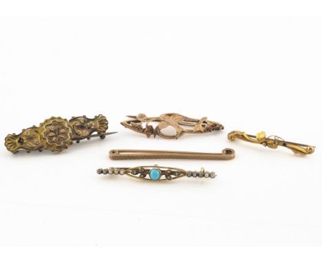 An Edwardian gold and seed pearl turquoise set bar brooch, another Victorian example with pierced swallow decoration and thre