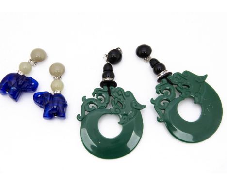 A pair of Angela Caputi Chinese style clip on plastic earrings, in green fleece pouch, 12cm, together with a pair of elephant