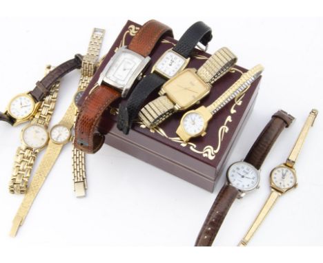 Ten ladies wristwatches, including a Smiths Deluxe 9ct gold cased example, other Rotary watches, also a Rotary box and spare 