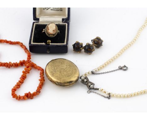 A coral and paste set silver necklace, marked 935, a simulated pearl necklace with paste set clasp, a silver set cameo ring, 