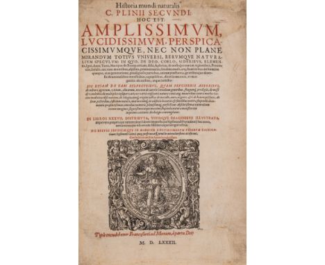 Plinius Secundus (Gaius) Historia Mundi Naturalis, title in red and black with woodcut vignette, numerous woodcut illustratio