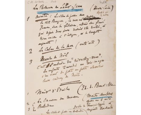 Music.- [Widor (Charles-Marie-Jean-Albert, organist, composer and teacher, 1844-1937)] Autograph resumé of the opera Les Pêch