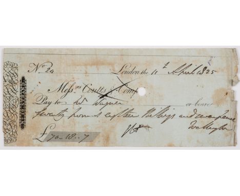 Wellington (Arthur Wellesley, first Duke of, soldier and Prime Minister, 1769-1852) Autograph cheque signed "Wellington" paid