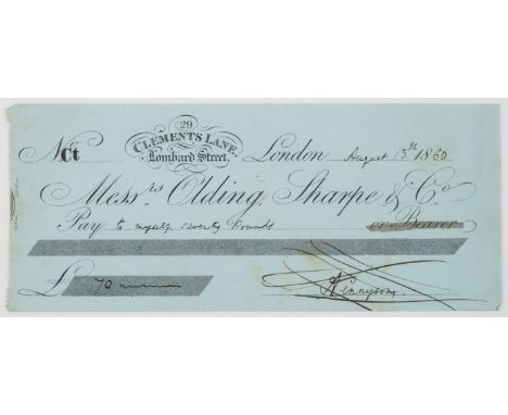 Tennyson (Alfred, first Baron Tennyson, poet, 1809-92) Autograph cheque signed "A Tennyson" paid to "to myself" for the sum o