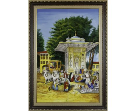 This painting is of water fountain Kucuksu Cesmasi . It is painted on six glazed ceramic tiles.The 20th century piece is in v