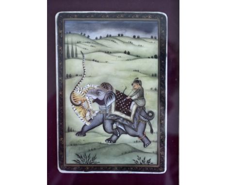 These very beautiful and colorful miniatures show fine craftmanship. The paintings show a prince hunting tigers and courting 
