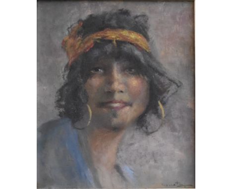 Portrait of a beautiful bedoine girl from Tunsian or Morocco by Socrates.The aquarelle is signed at the bottom right and with
