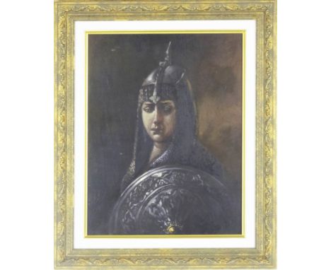 This 20th century oil painting on canvas, depicts the first sovereign woman leader, Tomris Hatun.The unsigned work is in good