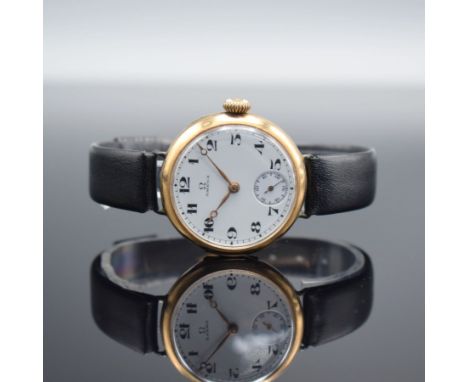 OMEGA frühe Armbanduhr in RoseG 585/000,  Schweiz um 1920, Handaufzug, 3-teil. Geh. mit Scharnierboden, Goldcuvette, Emailzif