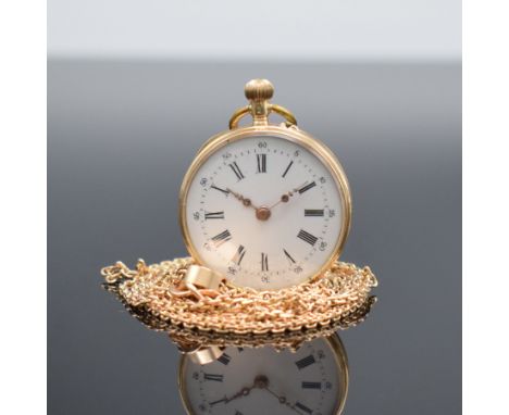 Offene Damentaschenuhr in RG 585/000 mit Kettein RG 585/000,  Schweiz um 1890, Kette später, Metallcuvette, floral grav. Rück