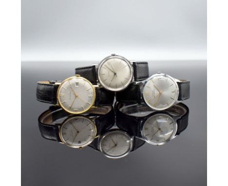 DOXA 3 Herrenarmbanduhren,  Schweiz um 1960, Handaufzug, 1.) GG 585/000, Kal. 45, 17 St., Feinreg., D. ca. 34,5 mm, EZ 2-3, 2