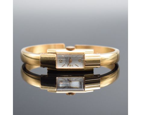 FLICA Damenspangenuhr in RoséG 750/000,  Schweiz um 1940, Handaufzug, Boden aufgedr., silb. Zifferbl. m. gold. Ind. &amp; ara