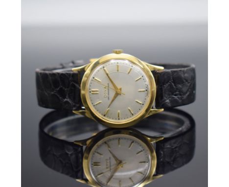 DOXA Herrenarmbanduhr in GG 750/000,  Schweiz um 1960, Handaufzug, 3-teil. Geh. m. Münzranddell., Boden &amp; Glasrand aufged