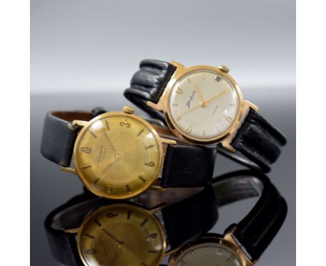 GLASHÜTTE 2 vergoldete Armbanduhren,  Deutschland um 1960-1970, Handaufzug, Böden gedr., 1.) silb. Zifferbl. m. gold. Ind. &a