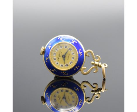 PERFEXION emaillierte Anhängeuhr in GG 750/000,  Schweiz um 1970, Handaufzug, aufgedr. Boden, Geh. transluzid blau emailliert