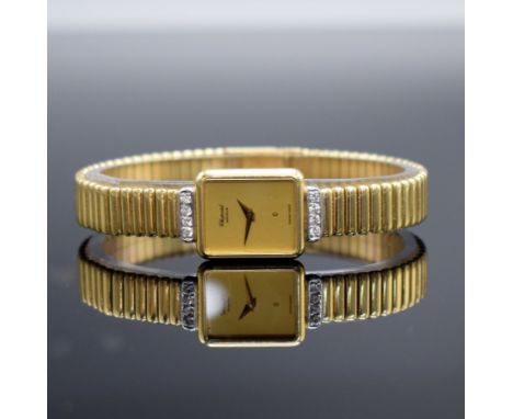 CHOPARD diamantbesetzte Damenarmbanduhr in GG 750/000,  Schweiz um 1985, quarz, rechteck. Geh., Boden aufgedr., Zeigerstellun