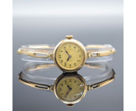 Damenarmbanduhr in RoseG 585/000,  Handaufzug, Schweiz um 1935, 3-teil. Geh., Scharnierboden, Glasrand aufgedr., Zuggliederba