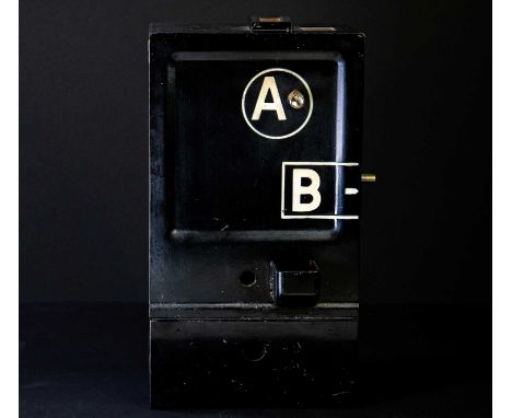 A vintage public telephone A B boxed, with decimal coin 2p and 10p receivers, height 39cm, width 21.5cm.Condition Report: Lig