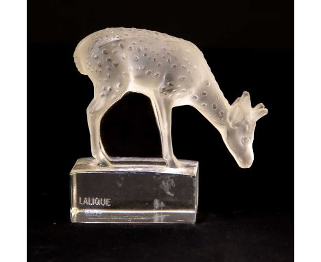 LALIQUE FRANCE; a frosted and clear glass model of a doe on plinth base, etched mark, height 8cm, length 8cm.Condition Report