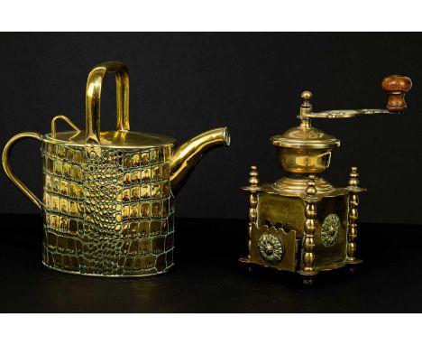 ATTRIBUTED TO JOSEPH SANKEY; a brass watering can with snakeskin effect, height 27cm, together with a brass coffee grinder wi