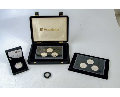 WESTMINSTER MINT; a cased set of six National service five pound coins, Royal Mint Henry VIII 2009 piedfort silver proof coin