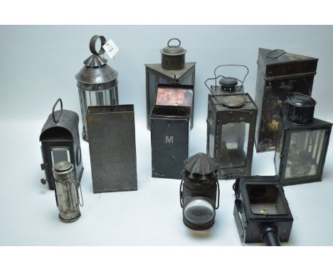 Eight vintage carriage and other lamps, including: Duntafil Patent, John Phillip's Light of London Lamp Co., and others, vari