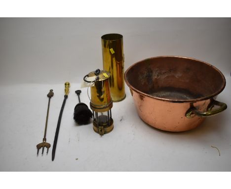 A vintage Patterson &amp; Sons Ltd. polished brass miner's lamp, Serial No. 3802; a brass shell case with applied Royal Artil