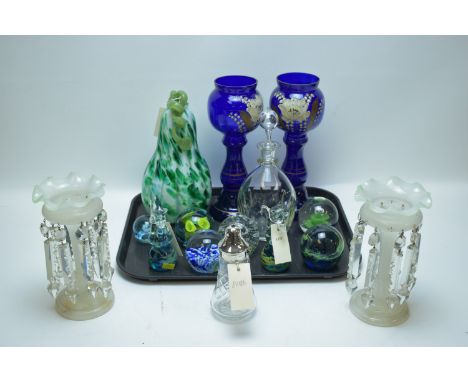 A pair of opaque glass table lustres; a pair of painted blue glass vases; assorted paperweights by Mdina, Caithness and other