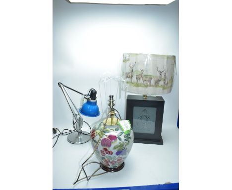 A modern table lamp with General Trading label; a modern anglepoise lamp; and two further table lamps, various.