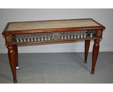 A 20th Century marble topped mahogany console table, the moulded rectangular top with marble insert, above a pierced metal fr