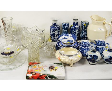 A Royal Crown Derby 'Mikado' pattern trio; assorted blue and white by George Jones &amp; Sons, Royal Worcester and others; a 