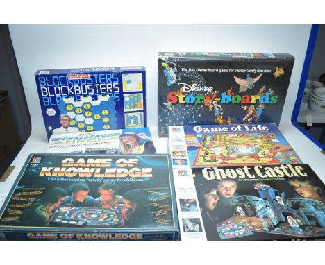 Vintage board games, including: Challenge Anneka; Blockbusters; Game of Knowledge; Ghost Castle; Game of Life; and Disney Sto