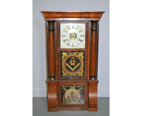 A 19th Century Scottish mahogany wall clock of Masonic interest, the white enamel dial with Masonic compass and set square, s