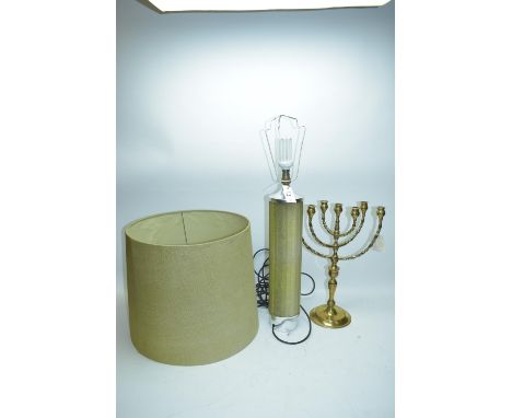 A 1970's table lamp covered in green material; and a brass candelabra. (2)